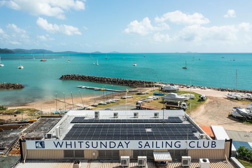 Aerial view of Whitsunday Sailing Club with solar panels — Solar Power Systems in Proserpine, QLD